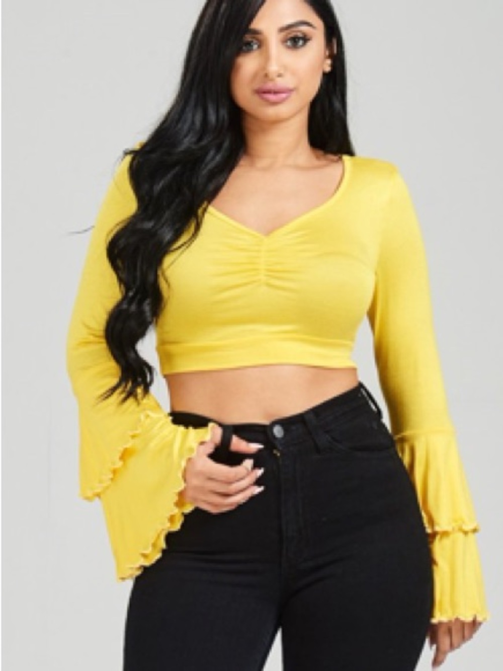 Yellow Ruched V-Neck Crop Top with Bell Sleeves